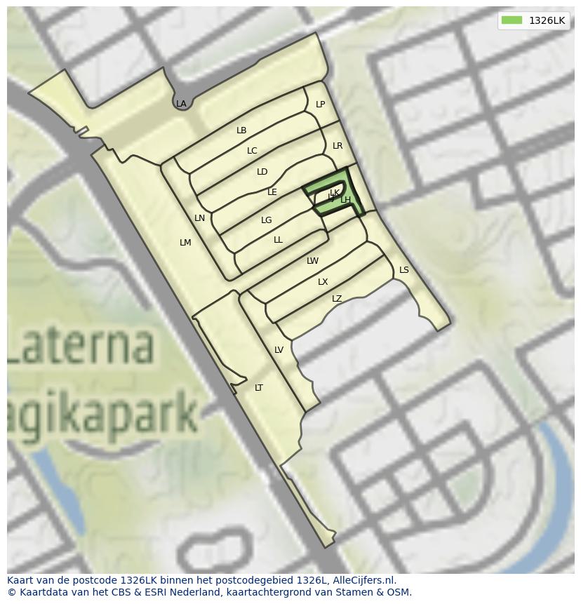 Afbeelding van het postcodegebied 1326 LK op de kaart.