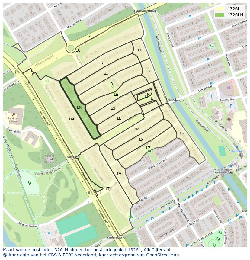 Afbeelding van het postcodegebied 1326 LN op de kaart.