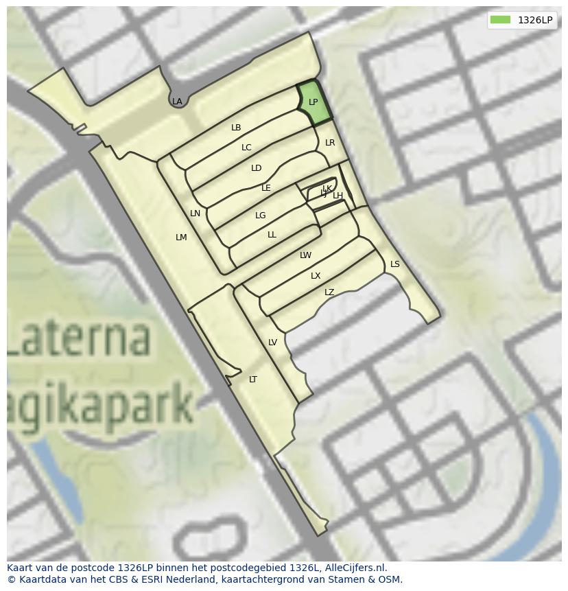 Afbeelding van het postcodegebied 1326 LP op de kaart.