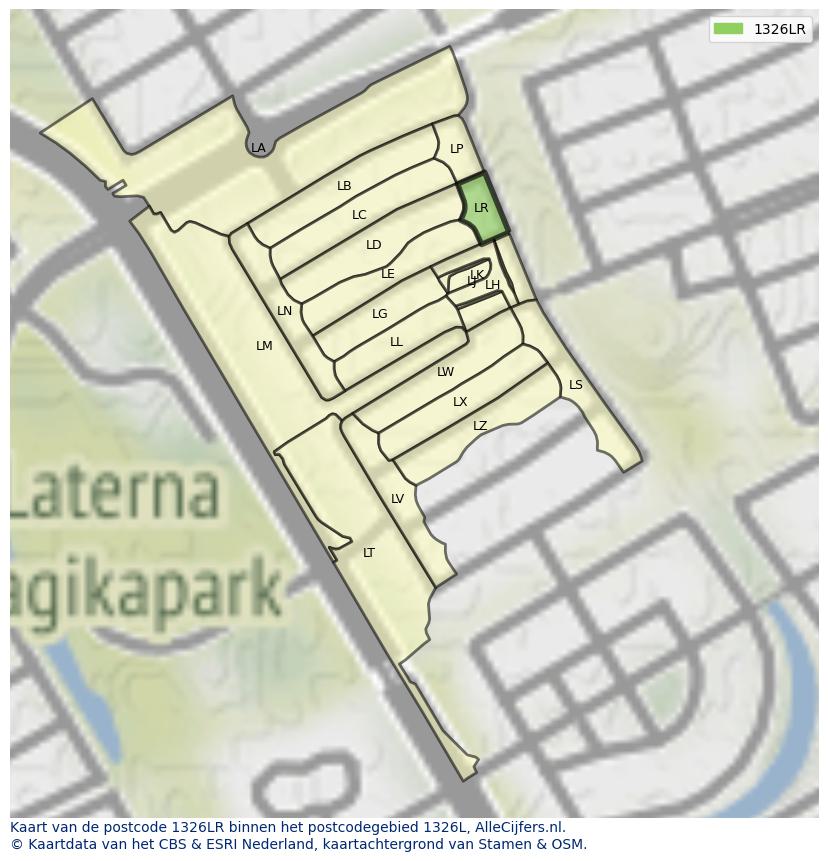 Afbeelding van het postcodegebied 1326 LR op de kaart.