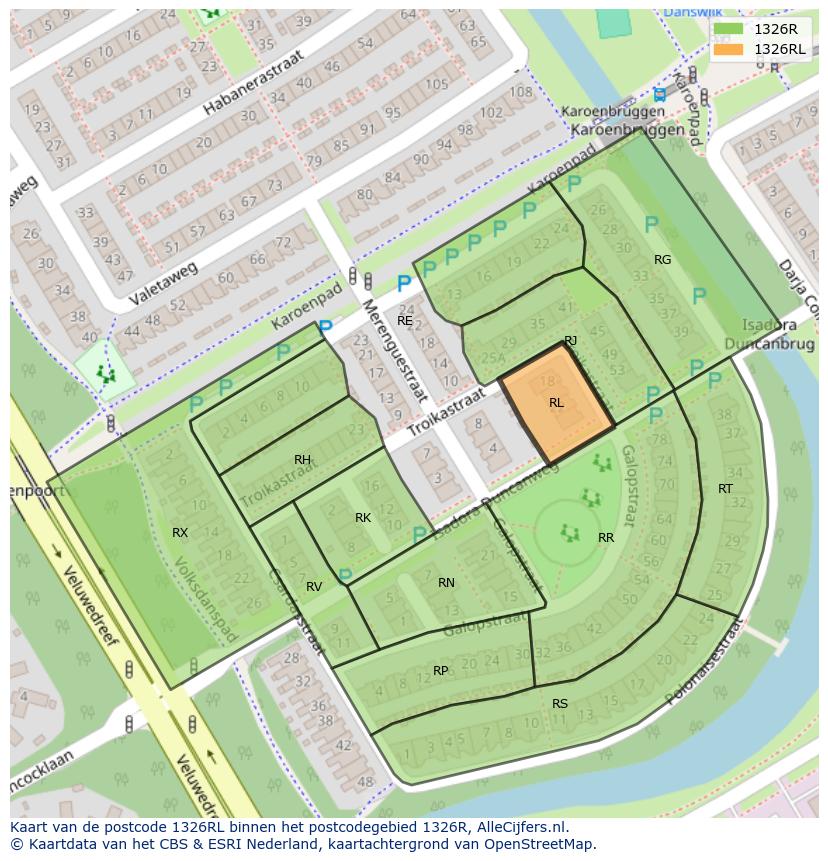 Afbeelding van het postcodegebied 1326 RL op de kaart.