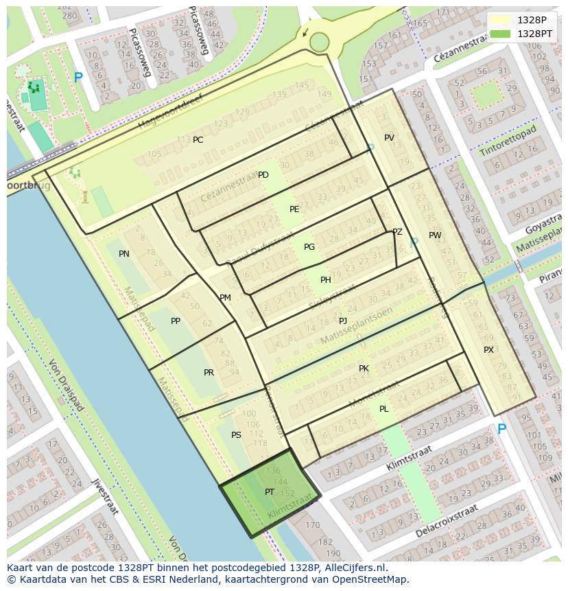Afbeelding van het postcodegebied 1328 PT op de kaart.