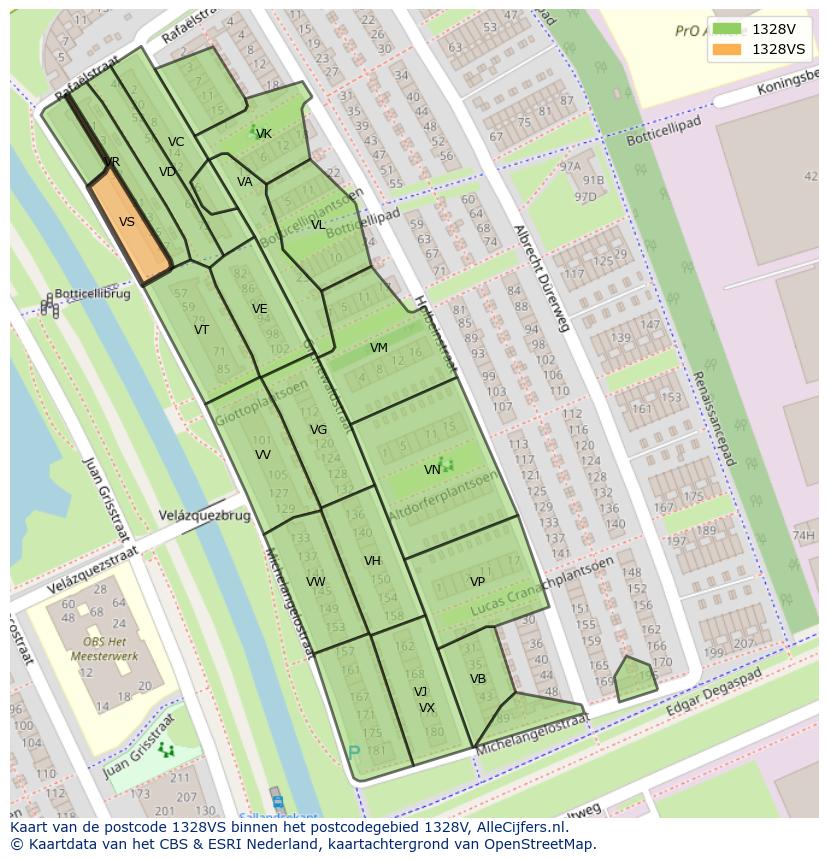 Afbeelding van het postcodegebied 1328 VS op de kaart.