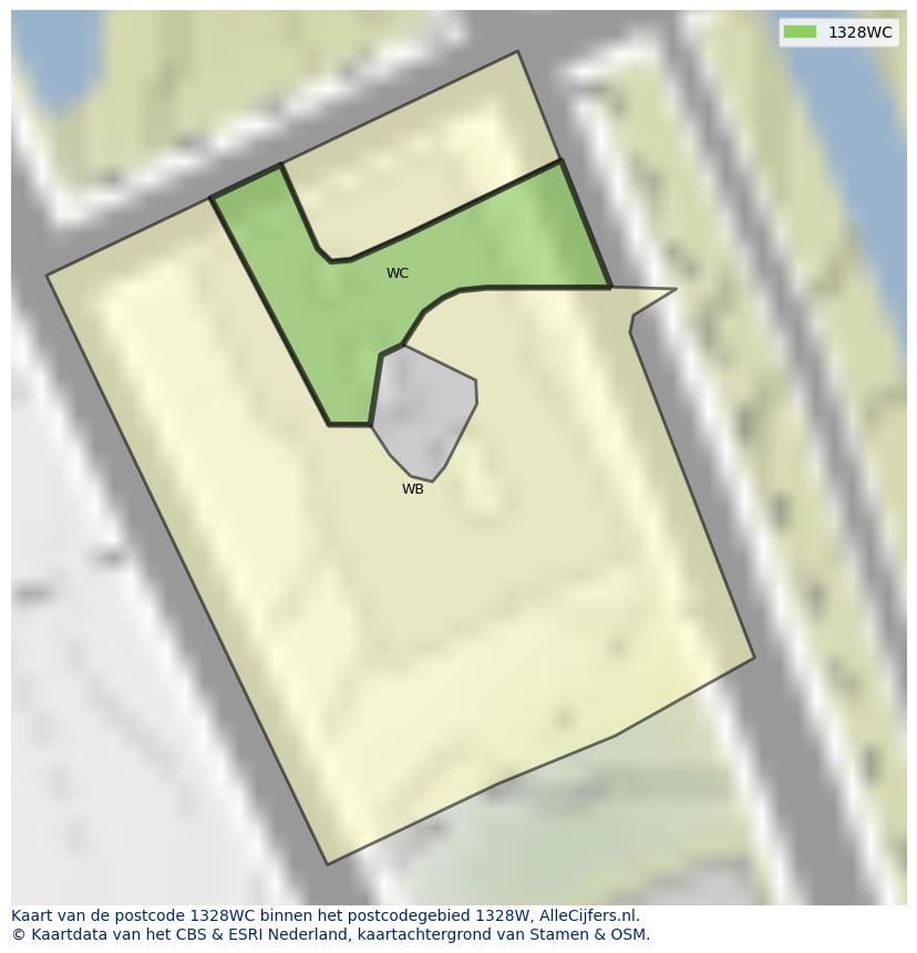 Afbeelding van het postcodegebied 1328 WC op de kaart.