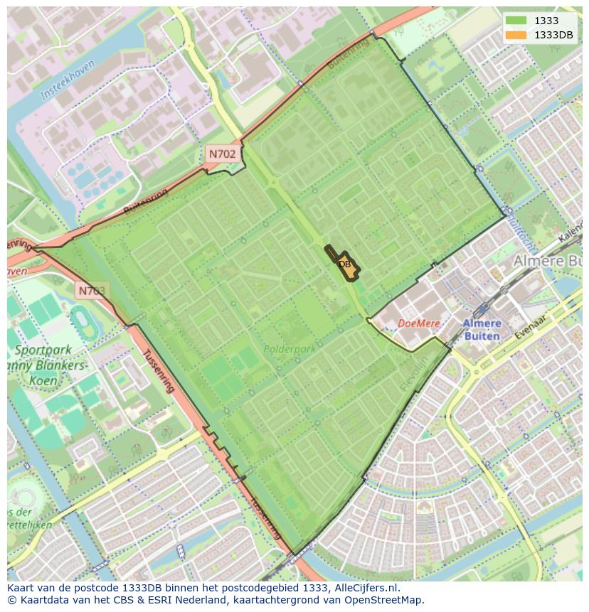 Afbeelding van het postcodegebied 1333 DB op de kaart.
