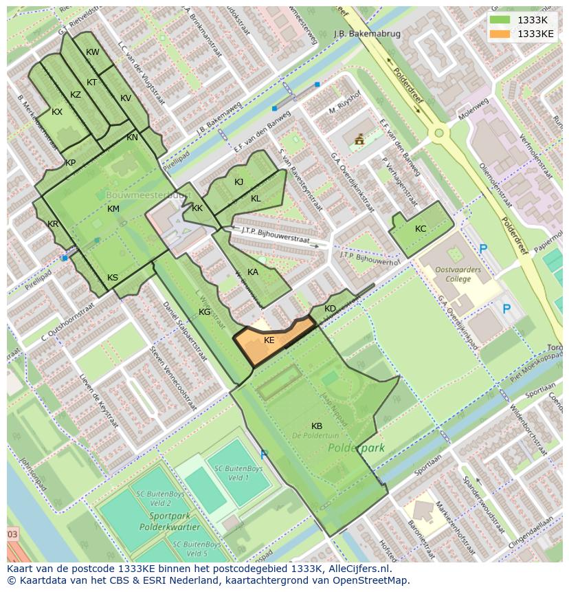 Afbeelding van het postcodegebied 1333 KE op de kaart.