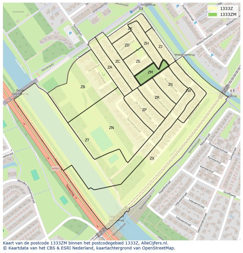 Afbeelding van het postcodegebied 1333 ZM op de kaart.