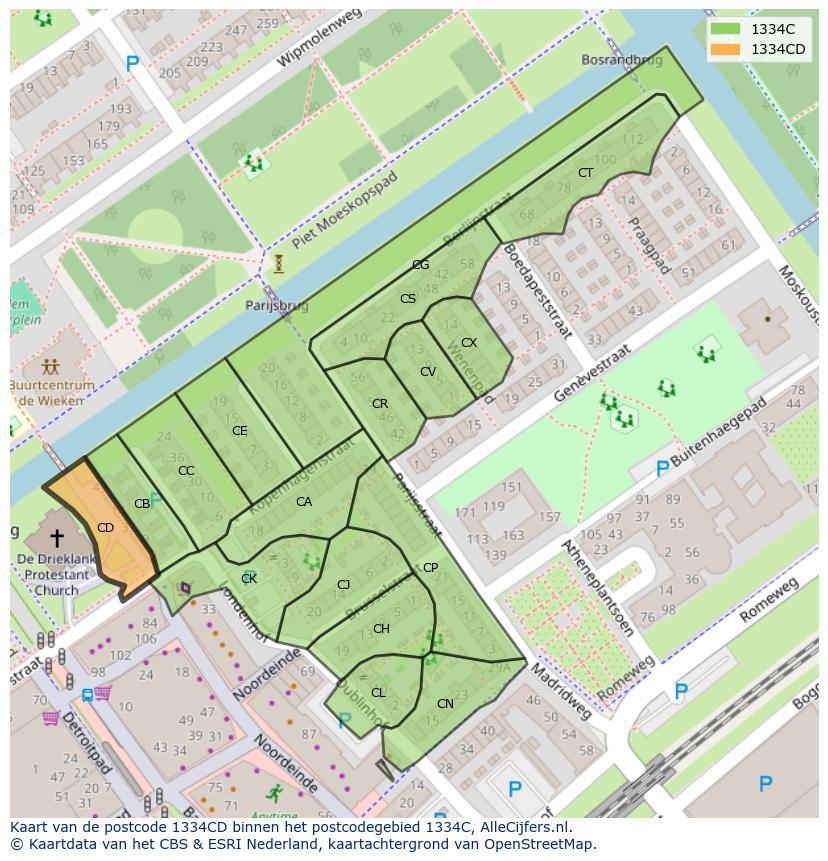 Afbeelding van het postcodegebied 1334 CD op de kaart.