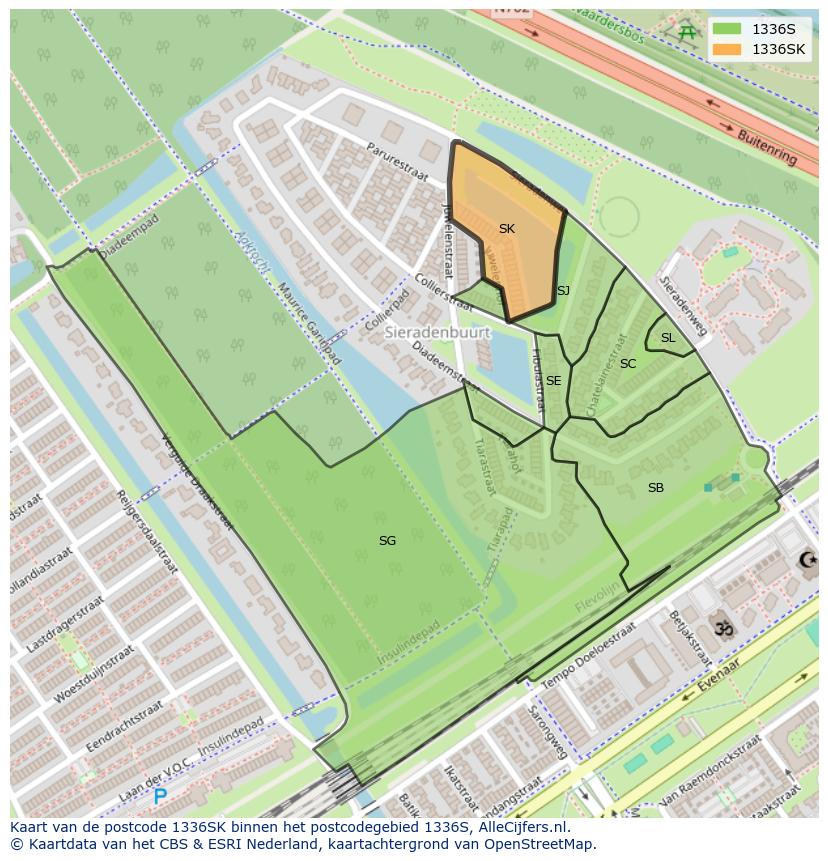 Afbeelding van het postcodegebied 1336 SK op de kaart.