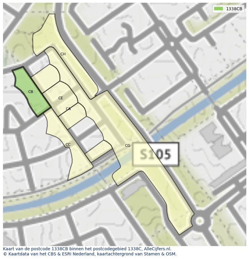 Afbeelding van het postcodegebied 1338 CB op de kaart.