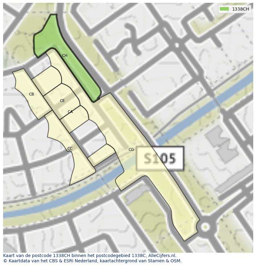 Afbeelding van het postcodegebied 1338 CH op de kaart.