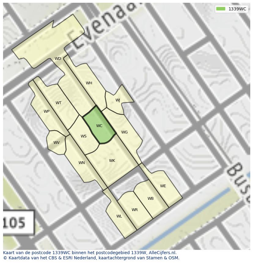 Afbeelding van het postcodegebied 1339 WC op de kaart.