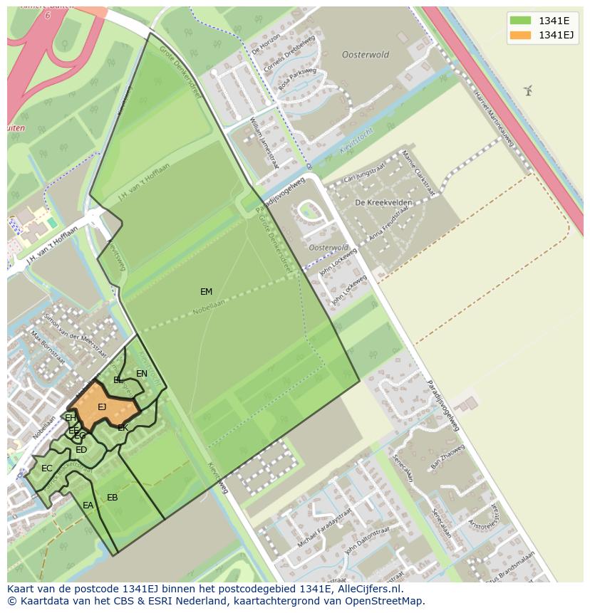 Afbeelding van het postcodegebied 1341 EJ op de kaart.