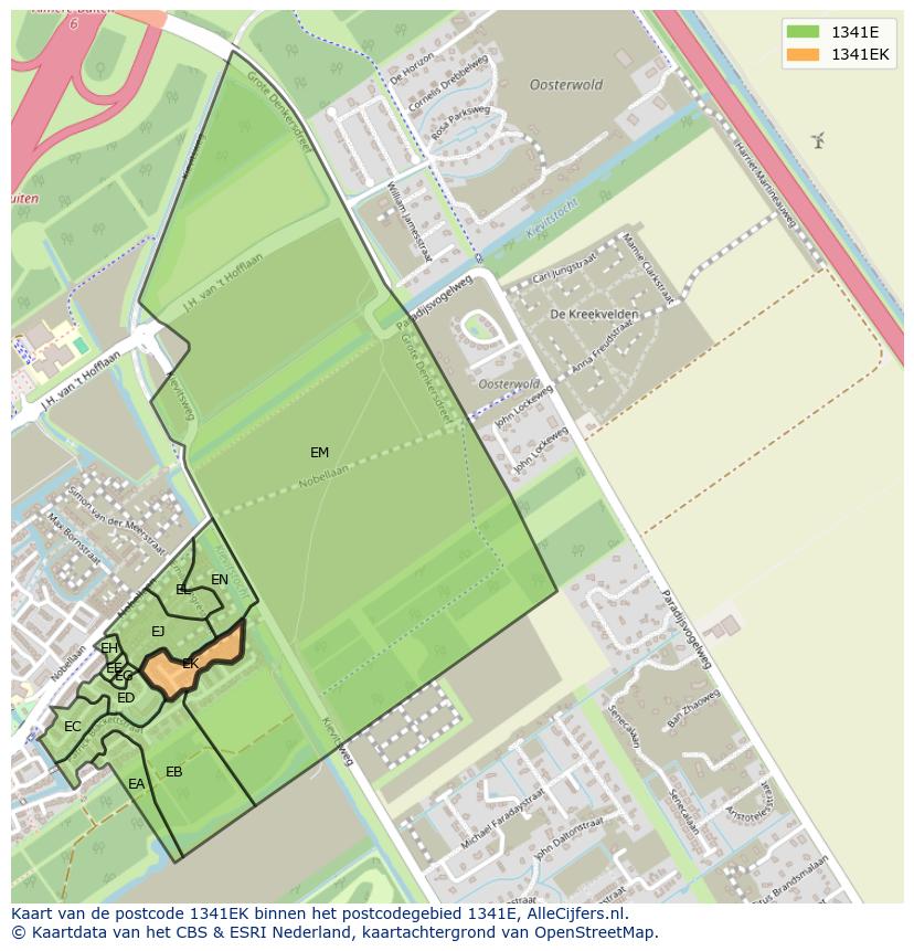 Afbeelding van het postcodegebied 1341 EK op de kaart.