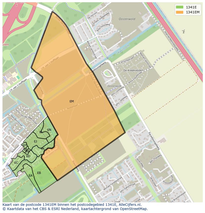 Afbeelding van het postcodegebied 1341 EM op de kaart.