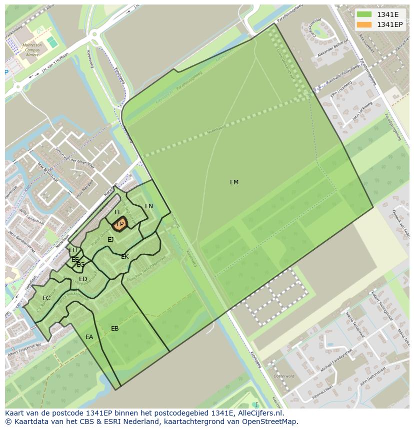 Afbeelding van het postcodegebied 1341 EP op de kaart.