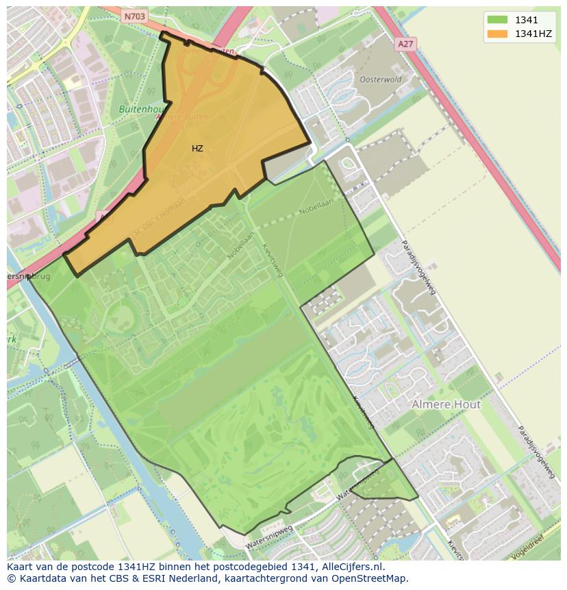 Afbeelding van het postcodegebied 1341 HZ op de kaart.