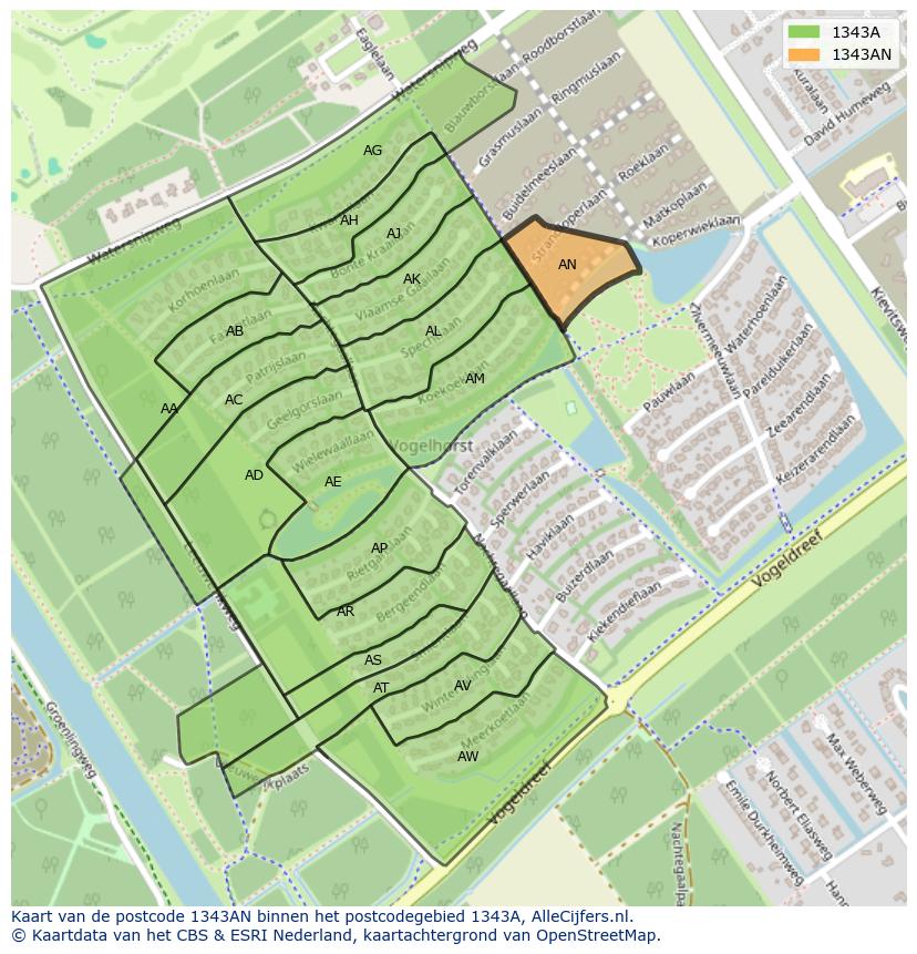 Afbeelding van het postcodegebied 1343 AN op de kaart.