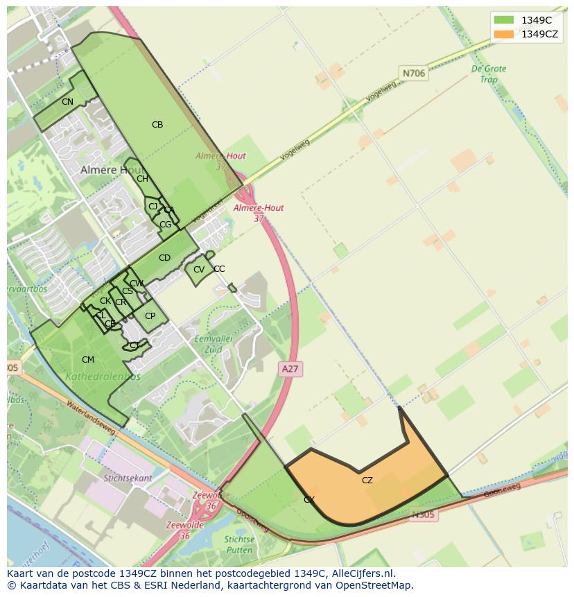 Afbeelding van het postcodegebied 1349 CZ op de kaart.