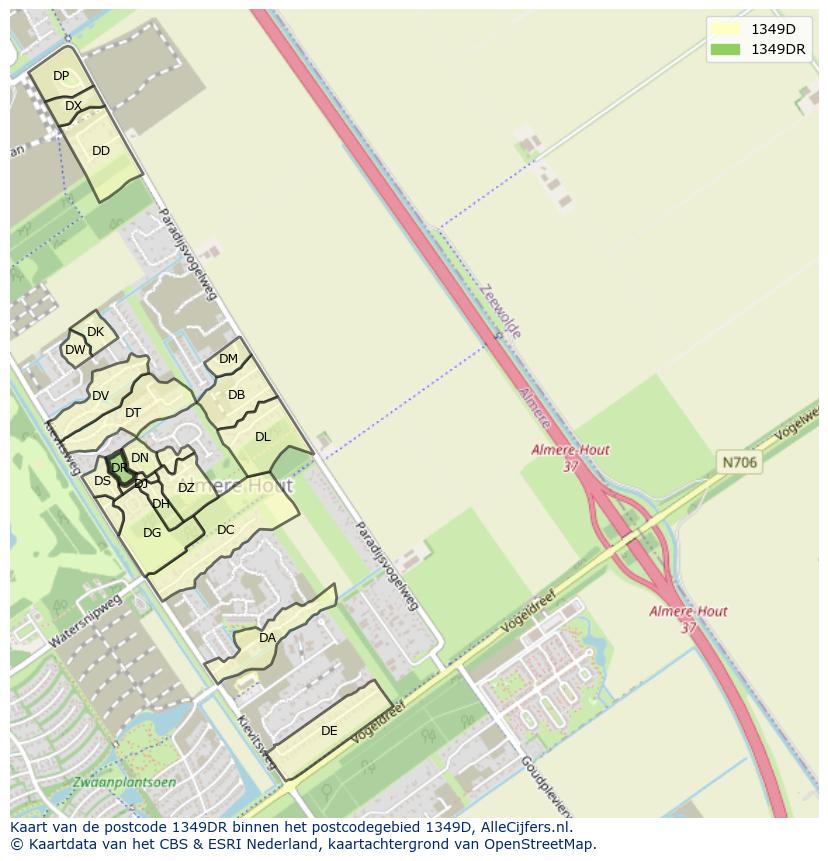 Afbeelding van het postcodegebied 1349 DR op de kaart.