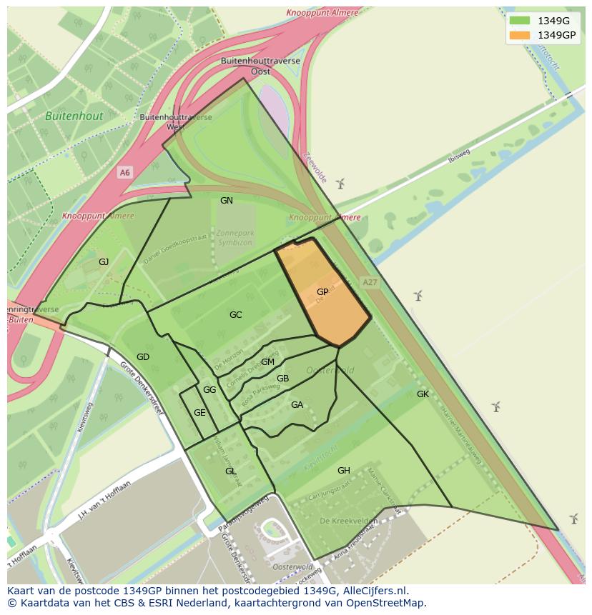 Afbeelding van het postcodegebied 1349 GP op de kaart.