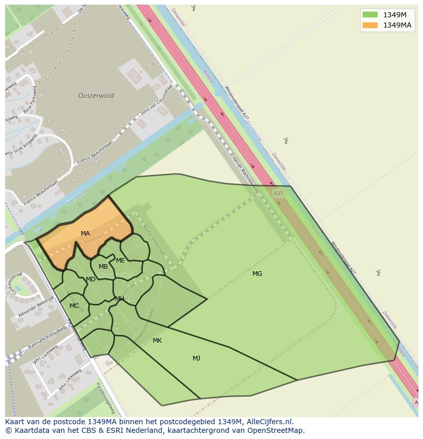 Afbeelding van het postcodegebied 1349 MA op de kaart.