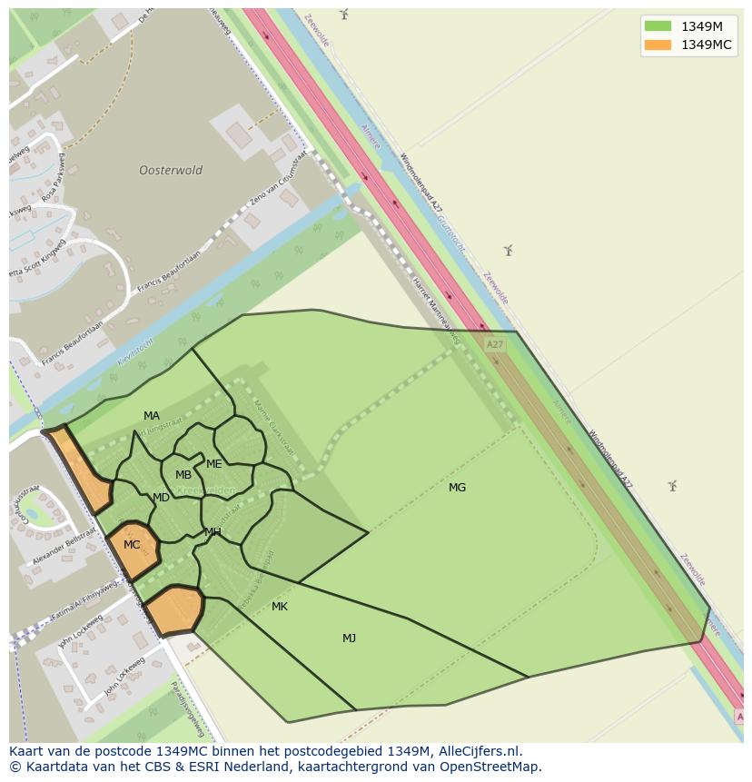 Afbeelding van het postcodegebied 1349 MC op de kaart.