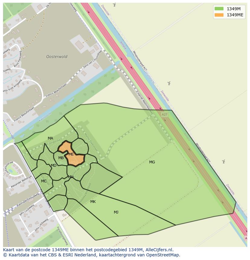 Afbeelding van het postcodegebied 1349 ME op de kaart.