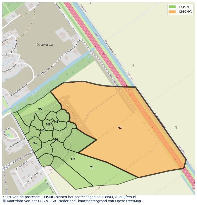 Afbeelding van het postcodegebied 1349 MG op de kaart.