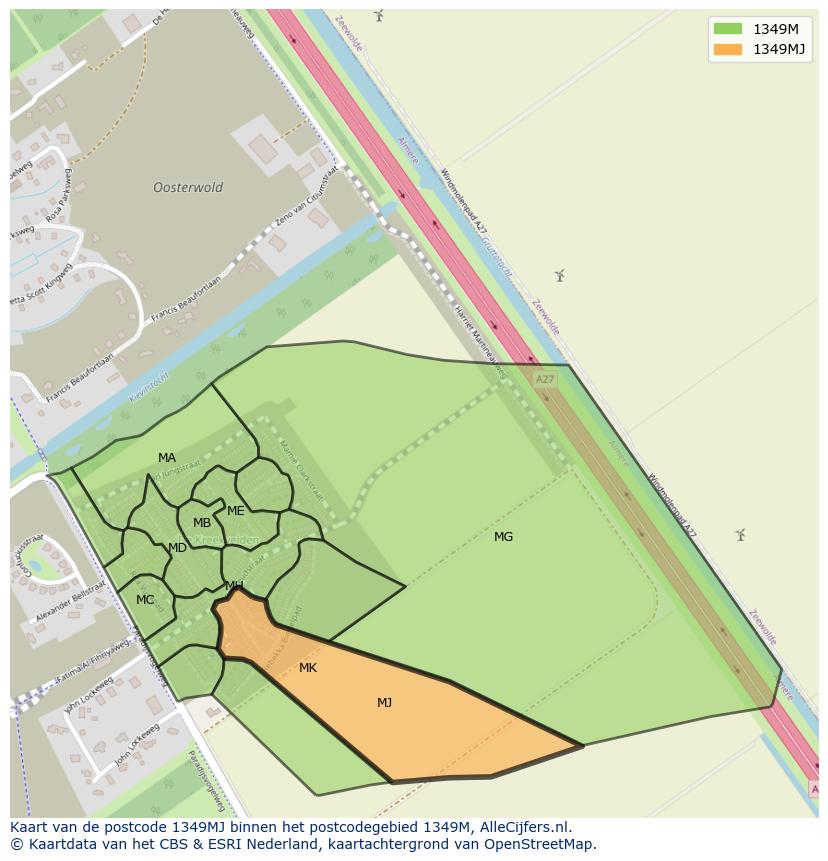 Afbeelding van het postcodegebied 1349 MJ op de kaart.