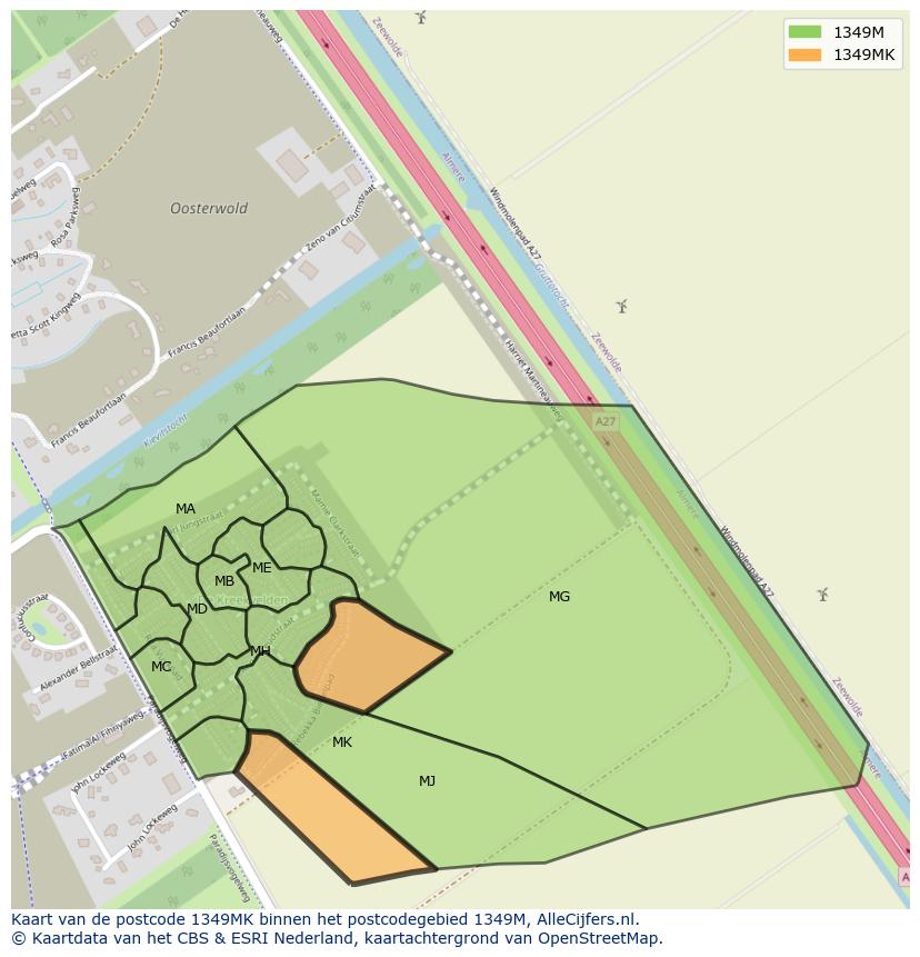 Afbeelding van het postcodegebied 1349 MK op de kaart.