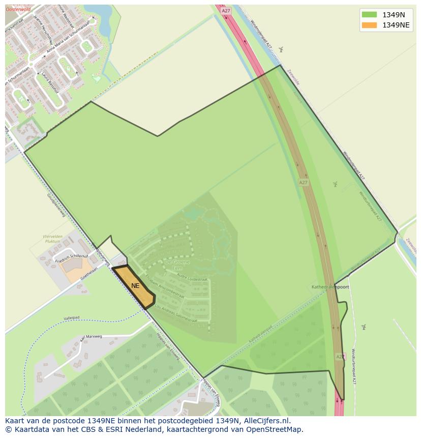 Afbeelding van het postcodegebied 1349 NE op de kaart.