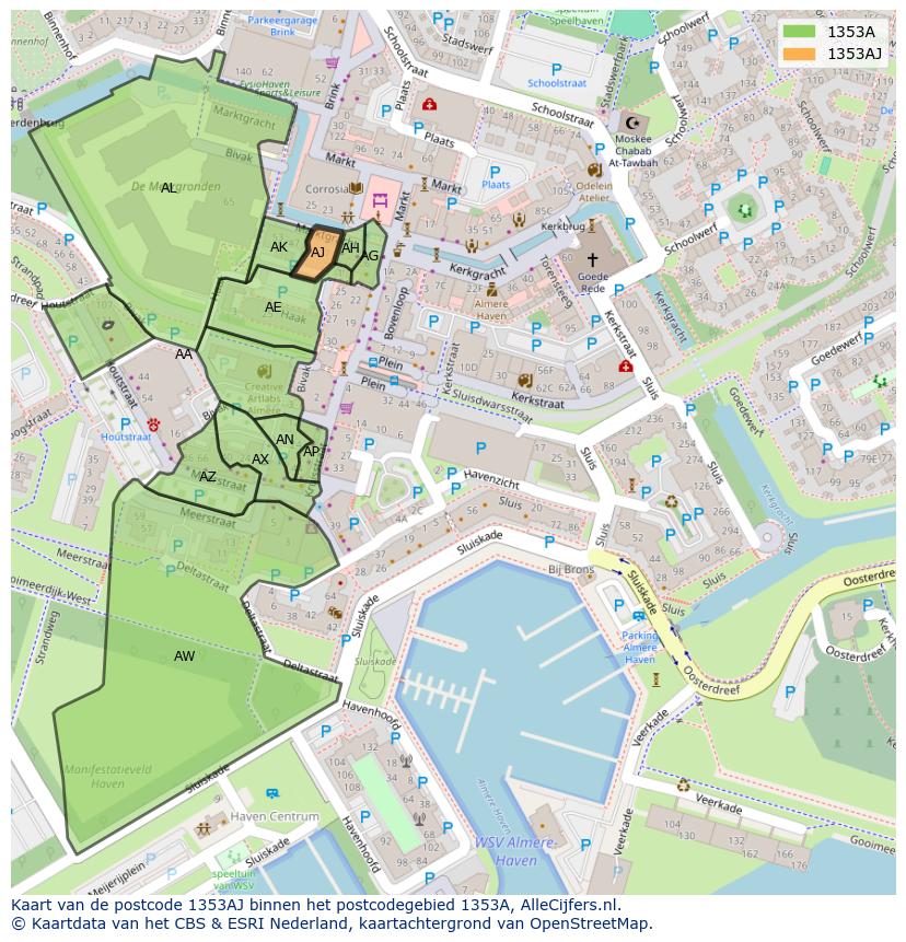 Afbeelding van het postcodegebied 1353 AJ op de kaart.