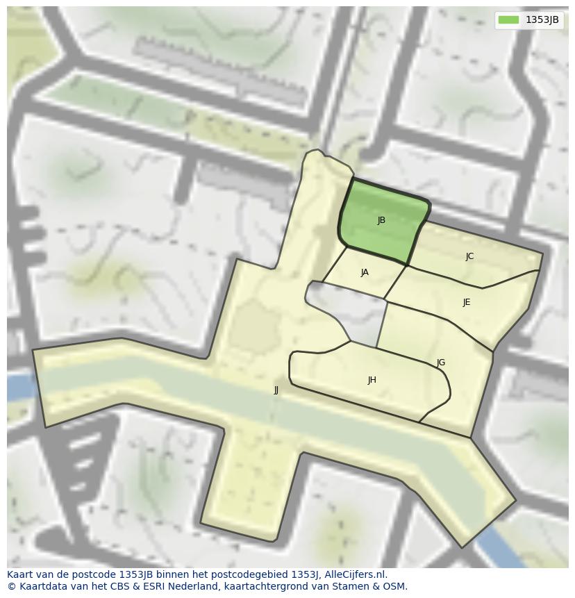 Afbeelding van het postcodegebied 1353 JB op de kaart.