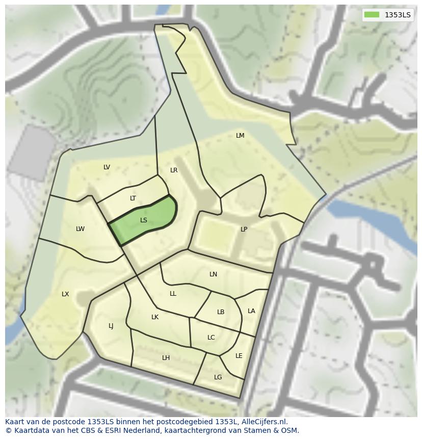 Afbeelding van het postcodegebied 1353 LS op de kaart.