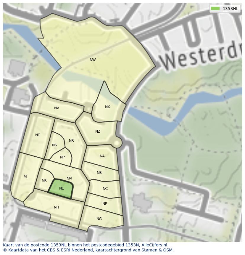 Afbeelding van het postcodegebied 1353 NL op de kaart.