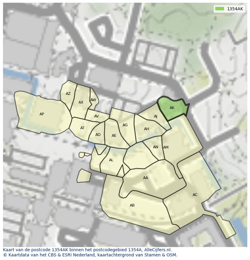 Afbeelding van het postcodegebied 1354 AK op de kaart.