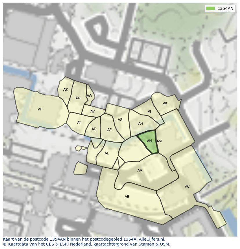 Afbeelding van het postcodegebied 1354 AN op de kaart.