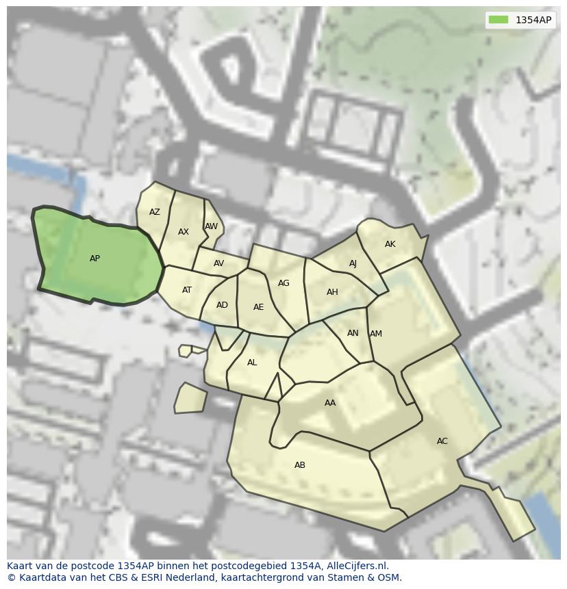 Afbeelding van het postcodegebied 1354 AP op de kaart.
