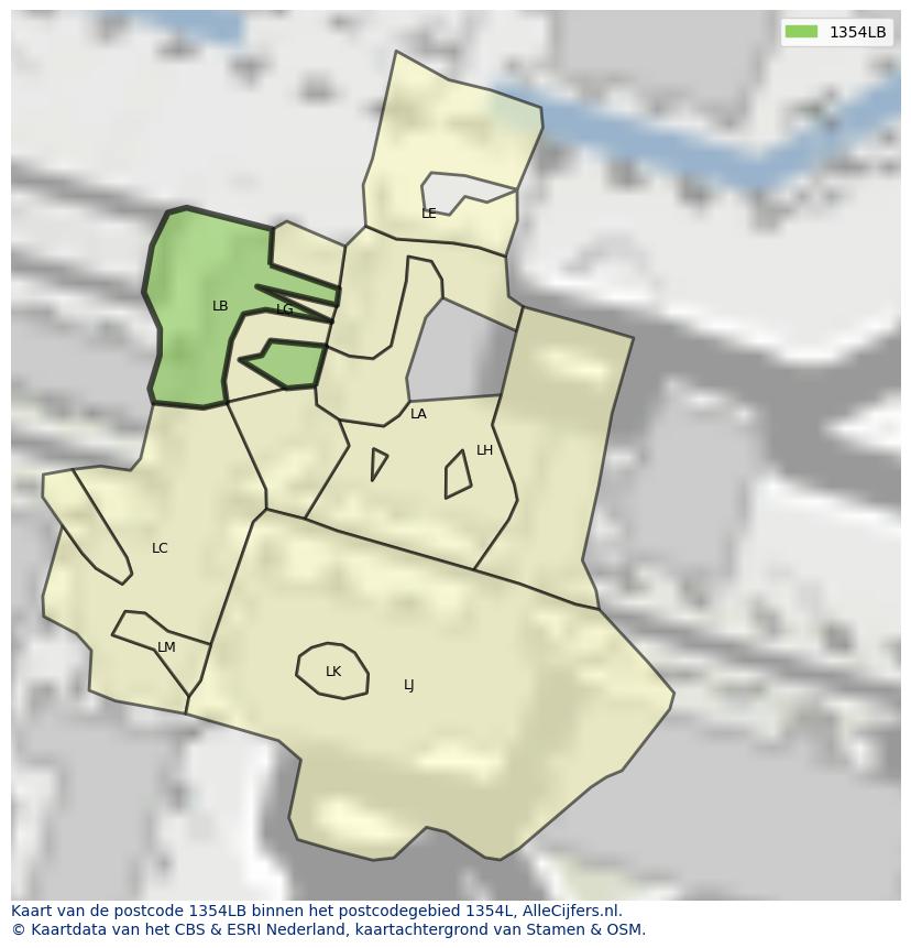 Afbeelding van het postcodegebied 1354 LB op de kaart.