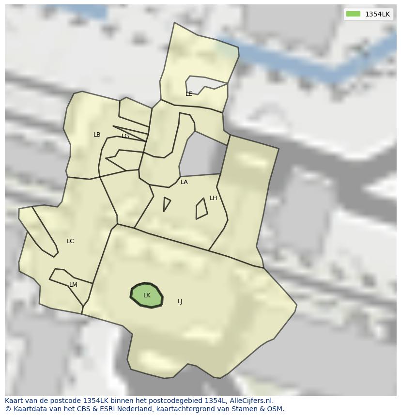 Afbeelding van het postcodegebied 1354 LK op de kaart.