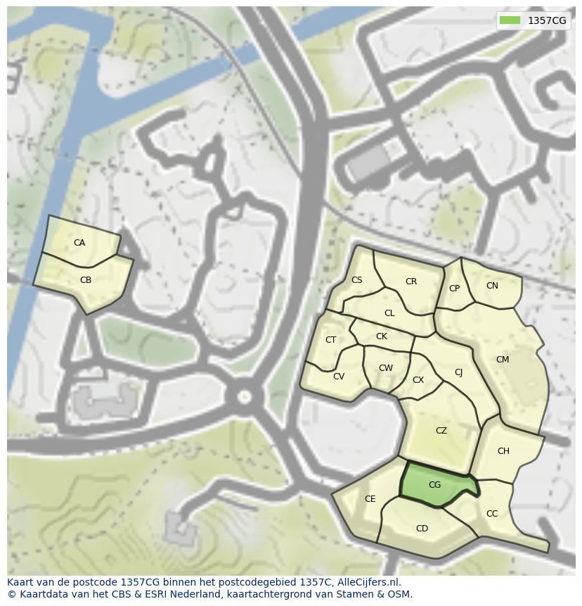 Afbeelding van het postcodegebied 1357 CG op de kaart.