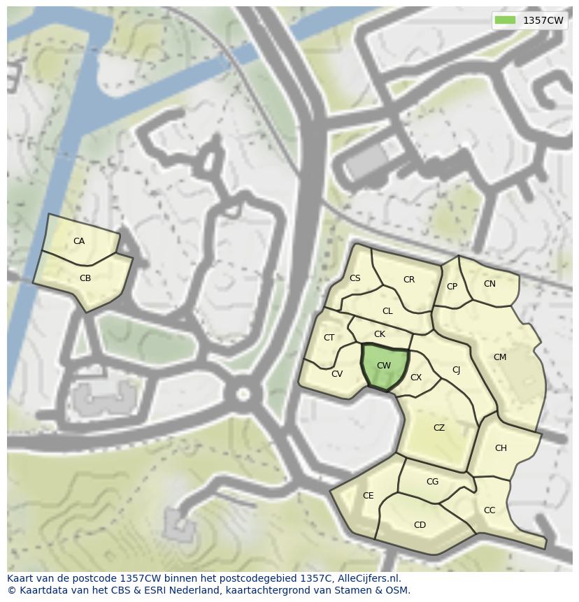 Afbeelding van het postcodegebied 1357 CW op de kaart.