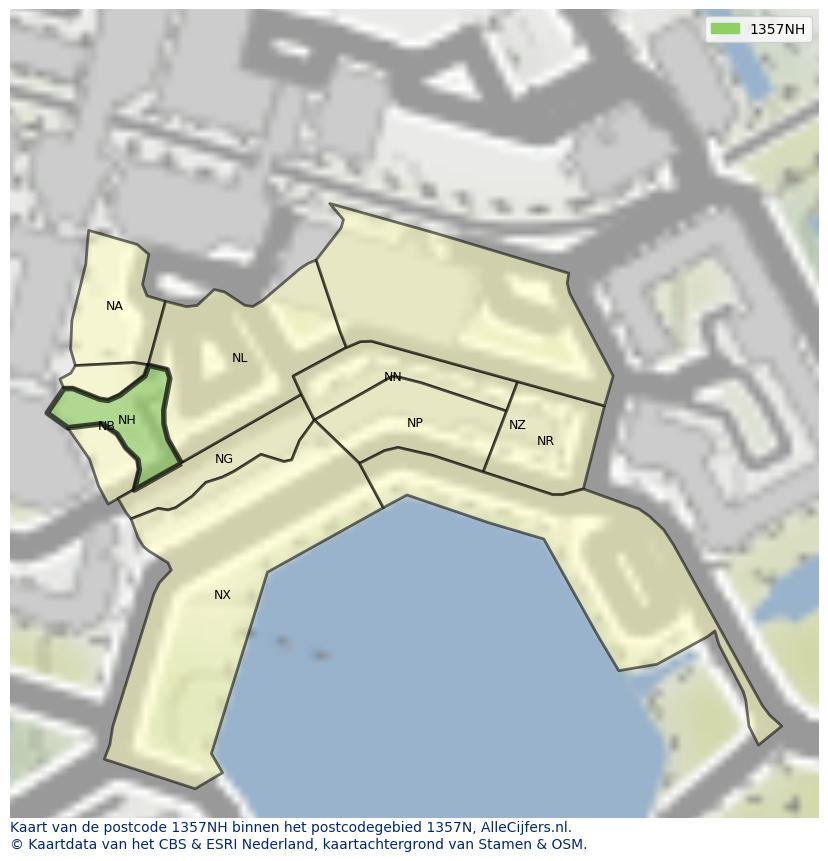 Afbeelding van het postcodegebied 1357 NH op de kaart.