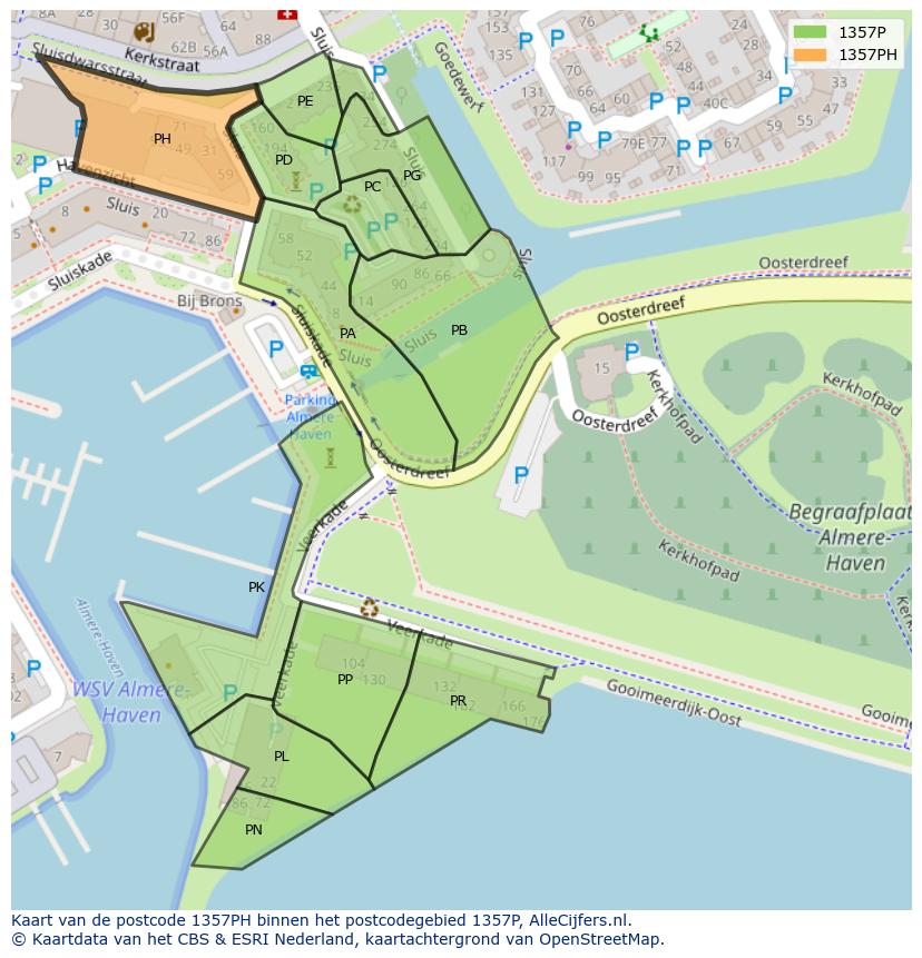 Afbeelding van het postcodegebied 1357 PH op de kaart.