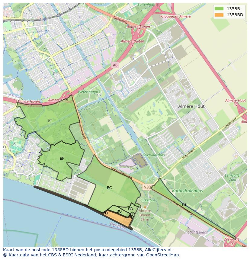 Afbeelding van het postcodegebied 1358 BD op de kaart.