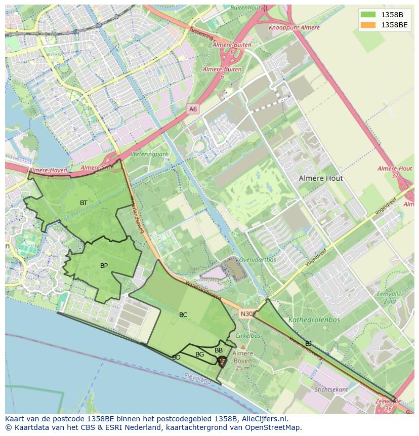 Afbeelding van het postcodegebied 1358 BE op de kaart.