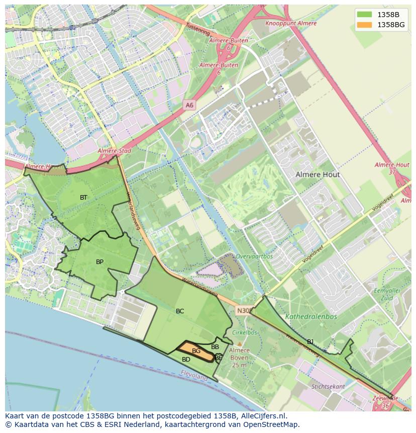 Afbeelding van het postcodegebied 1358 BG op de kaart.