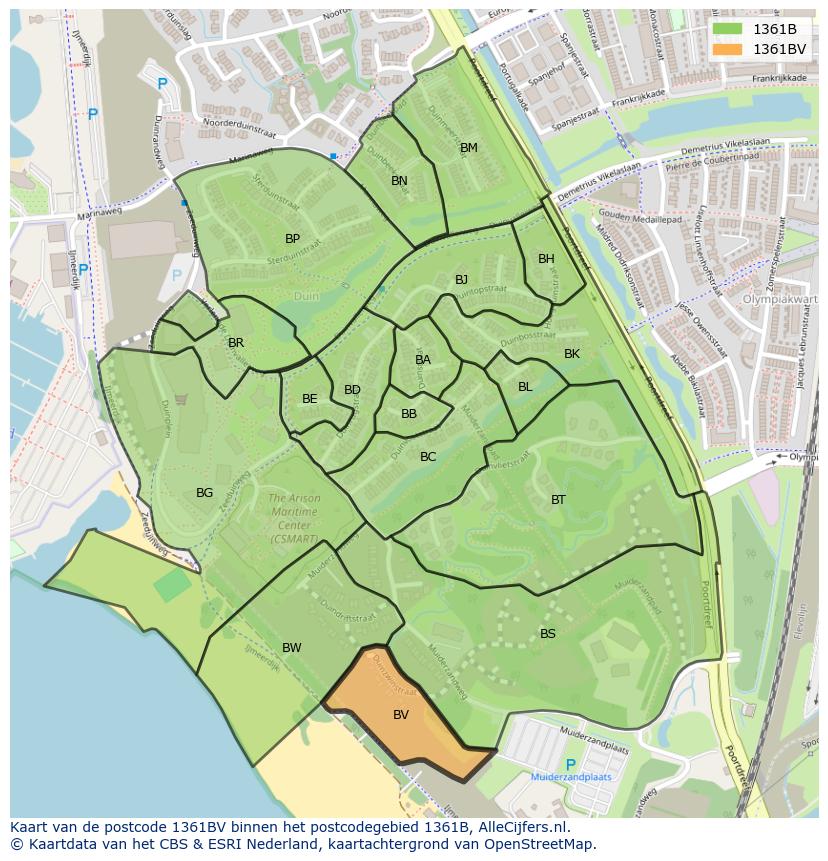 Afbeelding van het postcodegebied 1361 BV op de kaart.
