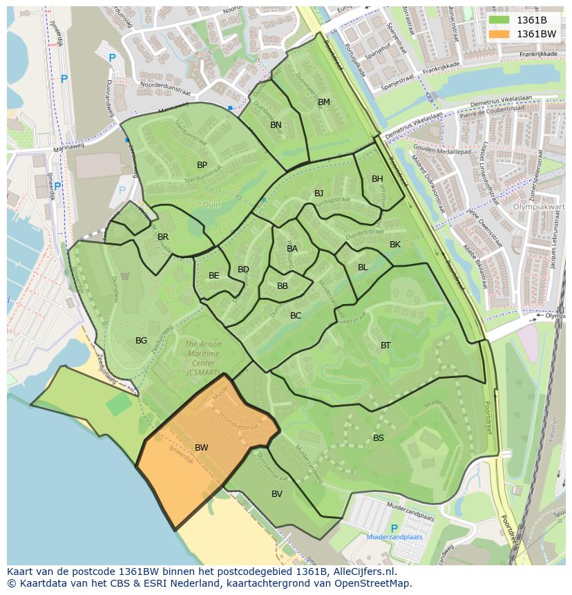 Afbeelding van het postcodegebied 1361 BW op de kaart.
